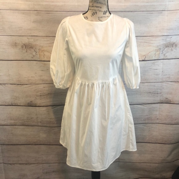 WAYF Dress Lace-Up Back Puff Sleeves Babydoll Mini White Cotton Size Small - Picture 2 of 12